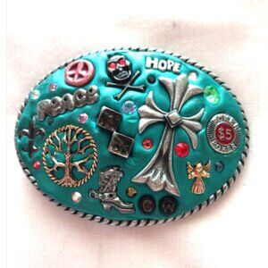 One-of-a-Kind Handcrafted Clay Belt Buckle Peace Skull Cross Vegas Hippie